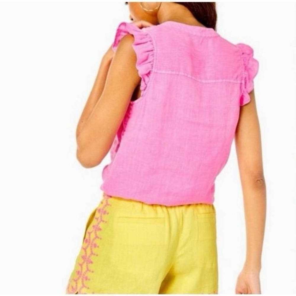 Lilly Pulitzer Briette Hot Pink Isle Ruffle Sleeve 100% Linen Top, SMALL - Picture 7 of 17
